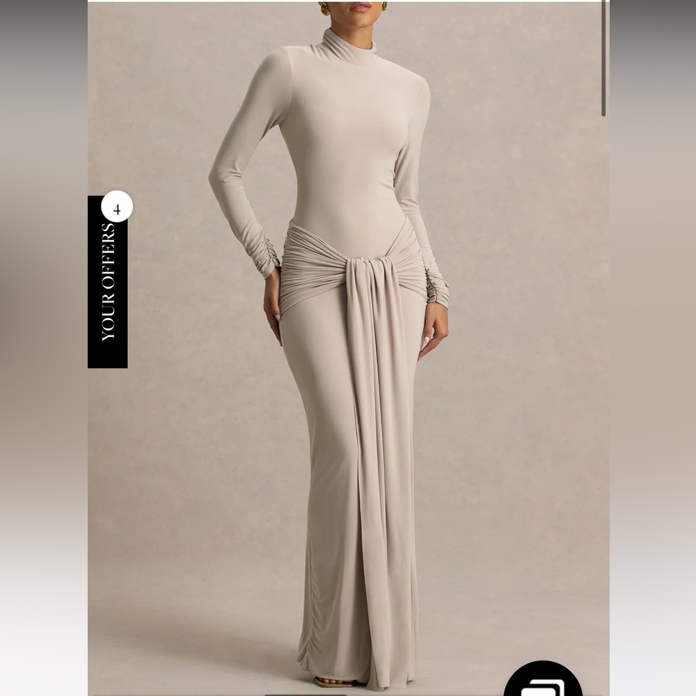 Club L London Myra Champagne High-Neck Maxi Dress Ruched Detailing - Picture 3 of 3